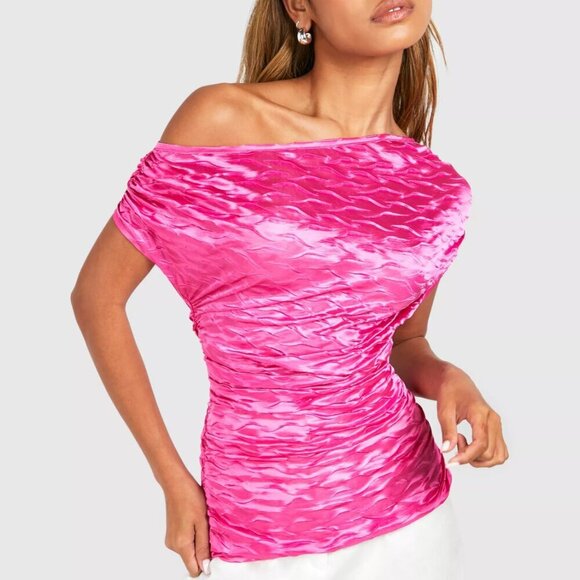 Boohoo Textured Satin Asymmetrical Ruched Top - NWT, Size 8 - Picture 1 of 8
